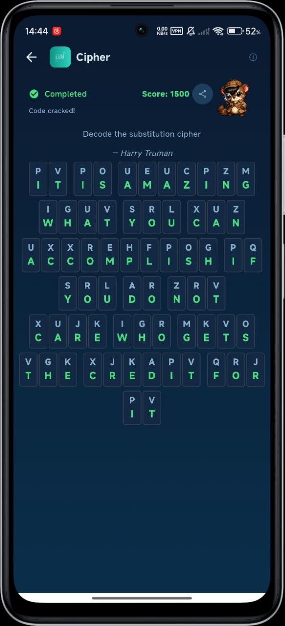 Cipher game completed with detective mongoose